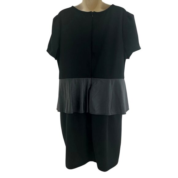 Black Ponte Knit Puff Sleeve Faux-Leather Peplum Dress Size 2X 18 20 Plus Sheath - Picture 3 of 8